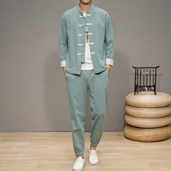 2022 בסגנון סיני פשתן כותנה שיפור Hanfu החליפה חופשי בתוספת גודל טאנג חליפה Zhongshan חליפת שני חלקים אופנה בגדי גברים