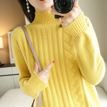 2022 סתיו, חורף סגנון קוריאני מוצק צבע עבה סוודר חם חצי שרוול ארוך צווארון גבוה רופף מזדמן חולצת סוודר לנשים