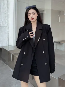 2023 Y2k אסתטי אופנה קוריאנית כפתור נשים מעיל Oversize צוואר V חליפה שחורה Harajuku אופנת רחוב משוחרר גראנג ' Chaqueta Mujer