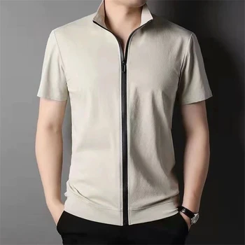 2023 גברים קיץ מגמה לעמוד צווארון רוכסן סוודר חולצות מוצק שרוול קצר נוח עסקי מזדמן העליון יוקרתי גבר Camisas