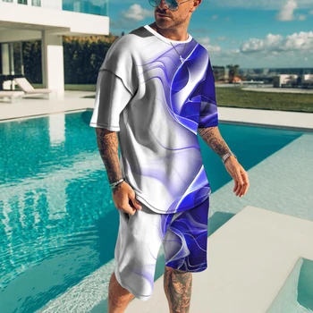 2023 גברים תלבושת קיץ, שרוול קצר חולצה להגדיר אופנה 2 חתיכה אופנת רחוב 3D מודפס ספורט קצרים חוף החליפה בגדים לגברים