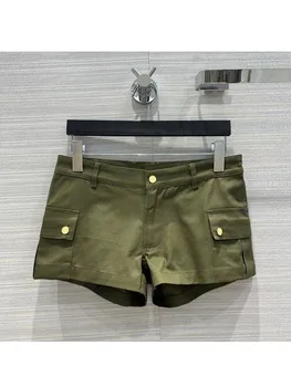 2023 חדש לנשים הקיץ החדש כפול כיס עיצוב ירוק צבא גבוהה אופנה אריג קצרים מכנסיים קצרים נשיים