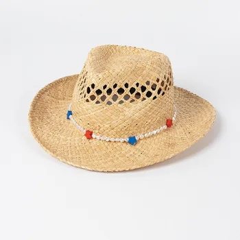 202303-2505235B ההגירה הקיץ יד רפיה דשא פנינה בצבע מחומש שרשרת שמשיה גברת שמש כובע נשים החג פנאי הכובע