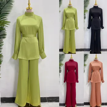 2PCS נשים מוסלמיות סטים מזדמן דובאי החליפות האסלאמית בגדים אלגנטי שרוול ארוך טוניקה, חולצה מכנסיים ערכות מוצק אימונית הרמדאן