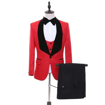 3Pcs פרחים אדומים בדוגמת חליפות גברים סטים בלייזר מכנסיים החתונה החתן מעיל אפוד מכנסיים Slim Fit עסק באיכות גבוהה