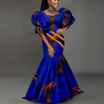 Afripride אפריקה סגנון דאשיקי נשים השמלה של אנקרה מודפס בועה שרוול בצבע אחיד פס גזוז A2325030