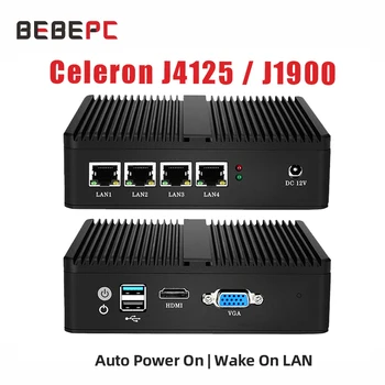 BEBEPC Mini PC Fanless Intel Celeron J1900 J4125 4LAN Gigabit Ethernet מיני מחשב Windows 10 PfSense שרת Firewall של הנתב