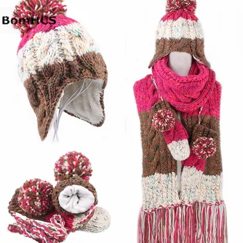 BomHCS 3pcs חליפה (צעיף + כפפות+ כובע) חורף לנשים בעבודת יד לסרוג המטפחת כפפות ביני