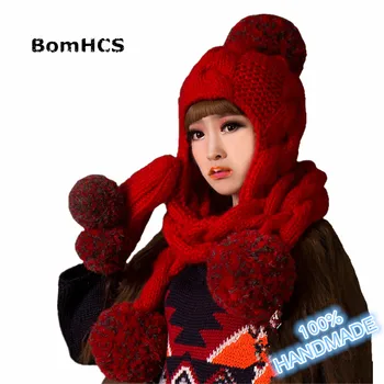 BomHCS אדום ביני עם צעיף + כפפות (2PCS חליפה) חמוד נשים חורף חם בעבודת יד לסרוג כובע כובעים