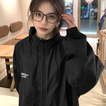 Deeptown וינטג ' קט שחור מעיל רוח נשים קוריאני אופנה אופנת רחוב Oversize מעילים חיצוני Harajuku סגנון לעקוב אחר מעילים