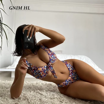 GNIM סקסי רטרו פרחוני הדפסה בגד ים לנשים 2 יחידות ביקיני סט קשת בגד ים 2021 הקיץ Beachwear גבוה לחתוך בגדי ים Biquini