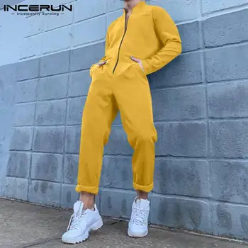 INCERUN בסגנון אמריקאי אופנה חדשה גברים Rompers כל-התאמה פשוטה הרוכסן הקדמי מוצק צבע בנוח עם שרוולים ארוכים סרבל S-5XL