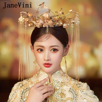JaneVini יוקרה סיני כלה כתר זהב פרחים פנינים תכשיטים לחתונה כתרים עם עגילים תלבושות הבמה אביזרים לשיער