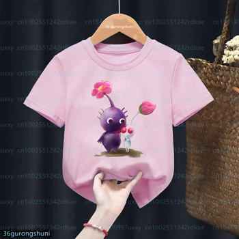 Kawaii בנות חולצה Funnuy המשחק Pickmin 4 קריקטורה מודפסת בגדי ילדים Tshirts אופנה בנות ורוד שרוול קצר חולצות