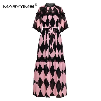 MARYYIMEI מעצב אופנה שמלת האביב קיץ נשים שמלת לעמוד צווארון תחרה עם שרוולים קצרים הדפסה משובץ אלגנטי שמלות מקסי