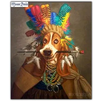 MOONCRESIN יהלום ציור לחצות סטיץ כלב עם נוצת כובע מברשת Diy יהלום פסיפס מלא עגול יהלומים קישוט רקמה