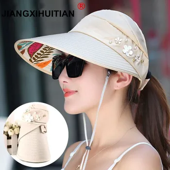 SimpleWomen השמש בקיץ כובעים פרל packable מגן השמש כובע עם ראשים גדולים שוליים רחבים, בנות החוף כובע הגנת UV נקבה קאפ