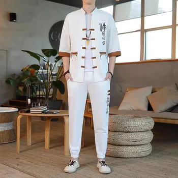 Sinicism גברים רקום סטים מזרחי עתיק רטרו Hanfu טאנג חליפה זן בגדים לשלב הדפסת חולצות ג ' קטים, חולצות מכנסיים