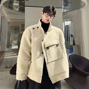 SYUHGFA קוריאנית צמר מעיל בגדי גברים רופף לעמוד צווארון גדול כיסי המעיל 2023 סתיו חורף עיבוי צמר מעילי