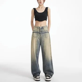 WCFCX סטודיו 2023 וינטג 'באגי' ינס נשים Y2k גבוהה המותניים רחב הרגל מכנסיים אופנה מזדמן שטף חופשי ישר מכנסיים