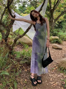 Y2k ספגטי רצועת שמלות מקסי אופנה קוריאנית 2 חתיכה להגדיר את החלוק Vestidos דה Mujer בציר לקשור צבע הדפס רשת שמלת נשים סקסית