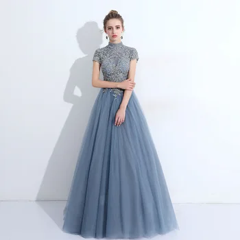 אופנה סקסית אפליקציה שרוול קצר חזרה תחבושת כחולה שיפון קו A ערב שמלת כלה חתונה טול שמלות לנשף Vestidos