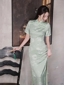 אלגנטי לנשים ירוק פרחוני הדפסה Cheongsam הסינית המסורתית סלים שמלה תחפושת סקסית גבוהה פיצול צ ' יפאו