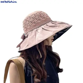 אנטי UV הכובע של האישה חוף השמש כובעים פנאי מסע בחוץ חופשה אביזרים מתקפל גדול שוליים קשת כובע סרוג
