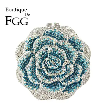 בוטיק דה FGG כחול מעורבב נשים פרח ערב התיקים, מצמדים כלה יהלומים מלאכותיים תיקים מסיבת חתונה ארוחת ערב תיק מצמד