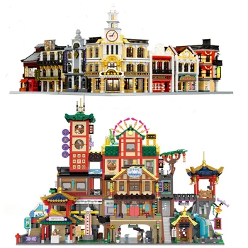 בעיר ארכיטקטורה מסעדת מלון חנות חנות סינית מגדל דגם מודולרי מיקרו מיני אבני בנייה צעצוע למבוגרים