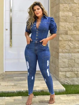 בציר סרבל ג 'ינס נשים בגדי קיץ שרוול קצר כפתור למעלה Bodycon ג' ינס Rompers Playsuits אחד החלקים סרבל תלבושות