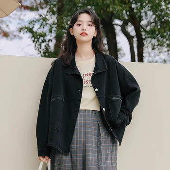 בציר רופף ג ' ינס שחור נשים מעיל קוריאני סגנון אמצע אורך שרוול ארוך העליון 2023 באביב ובסתיו החדש