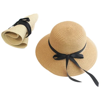 בקיץ כובע קש נשים מוצק שוליים רחבים, חוף השמש, כובע מתקפל קשת כובע פנמה לחסום את השמש UV הגנה כובע Chapeu Feminino עצם