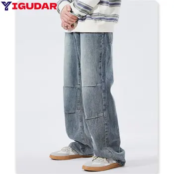 ג 'ינס של גברים היפ הופ ג' ינס רופף 2023 סתיו חדש אופנת רחוב ישר באגי רחב הרגל המכנסיים זכר מותג מכנסיים בצבע כחול בהיר