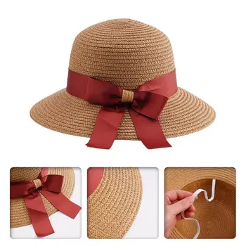 דלי כובע קיץ ביץ ' כובעי קש לנשים שטוח העליון הסרט Bowknot יוקרה אלגנטית קש נשים קיץ, כובעי סומבררו דה מו E8w0