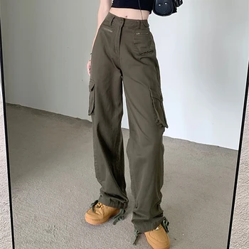 האמריקאי רטרו באגי ג 'ינס נשים אופנה אופנת רחוב גבוהה המותניים ישר Multi-כיס Hiphop מכנסי דגמ