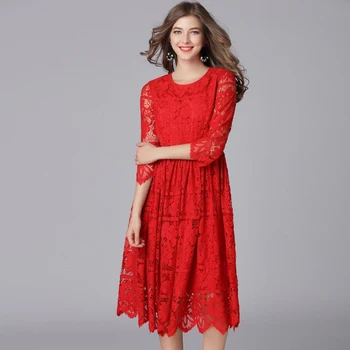 הגעה חדשה סתיו בסגנון סיני בתוספת גודל L קו אדום מוצק Holllow נשים תחרה ארוכה שמלת ליידי 