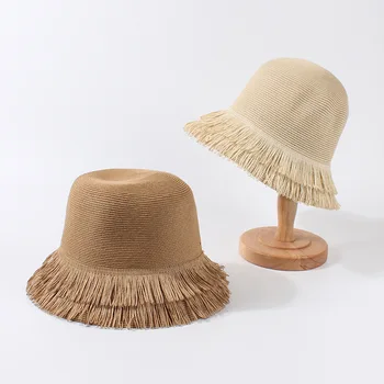 הקיץ ציצית כובע קש כובע דלי של נשים עגול פנאי שמש כובעים כובע חוצות חג החוף