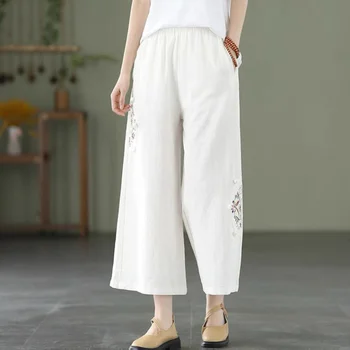 וינטג ' רקומה כותנה פשתן רחב הרגל מכנסי נשים של קיץ אלגנטי מוצק מכנסיים קצוצים גבוהה המותניים חופשי ישר מכנסיים