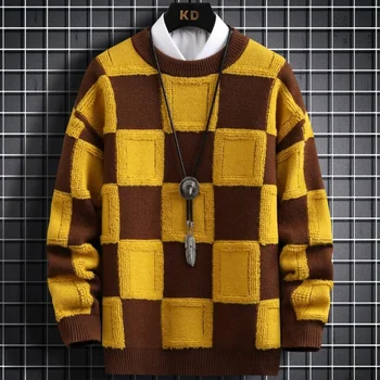 חדשה סתיו חורף קוריאני סגנון Mens Pullovers הסוודרים באיכות גבוהה עבה חם סוודר קשמיר גברים יוקרה משובצות למשוך Homme 2023