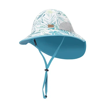 חוף כובע ילדים ילד ילדה הקיץ קרם הגנה הגנת UV כחול שוליים רחבים, צוואר דש מחרוזת כובע סיוע פעוט חג שחייה