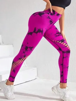 חלקה לקשור צבע הדפסה חותלות של נשים גבוהה המותניים חור יוגה מכנסיים אימון כושר לדחוף את סקסית Leggins אלסטי סקיני מכנסיים