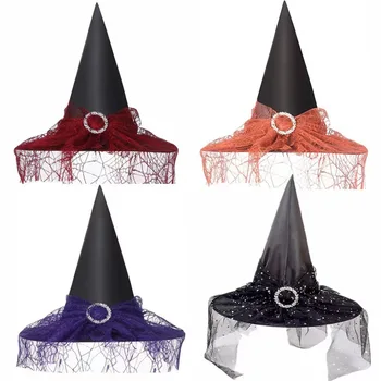 ליל כל הקדושים תחרה המכשפה כובע למבוגרים ילדים המכשפה הכובעים להתלבש פוליאסטר וטאף כובע מסיבה אביזרים Cosplay תלבושות ליל כל הקדושים