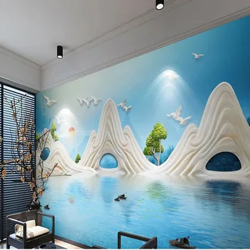 מותאם אישית ציור קיר טפט 3D חדש בסגנון סיני הקלה נוף רקע קיר ציור דקורטיבי דקורטיבי המסמכים דה ונקייה Fresc