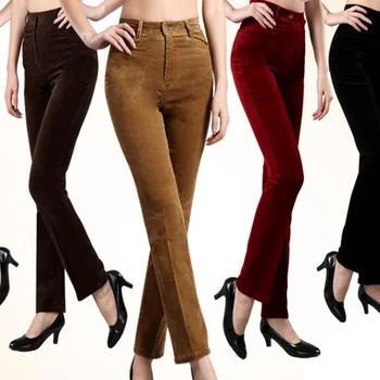 מכנסי קורדרוי גבוהה המותניים של נשים מכנסיים מזדמנים מכנסיים הסתיו והחורף ישר