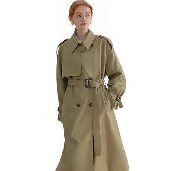 מעיל נשים סתיו 2023 אנגליה סגנון כפול עם חזה סלים מקרית מעיל רוח, מעיל נקבה, בגדים עם החגורה העליונה.