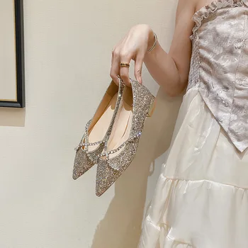 נעלי נשים 2023 החדש נמוך עקבים שמלת נשף קריסטל, נצנצים נעלי חתונה זהב הצביע הנקבה כלה נעליים פאטוס דה Mujer