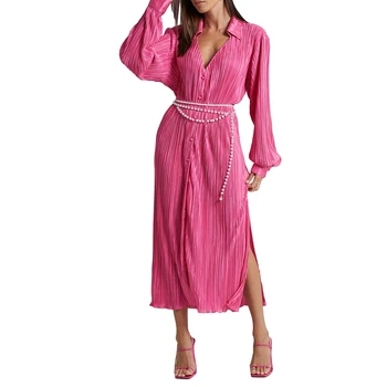 נשים אופנת צווארון החולצה Midi שמלה שרוול ארוך צוואר V לחצן צבע מוצק קפלים שמלת טוניקה, חולצה שמלה