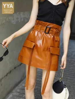 נשים גבוהה המותניים חגור Slim Fit קו מקורי חצאית עור ציציות כיסים משרד ליידי שמן שעווה עור כבש עבודה מטען חצאיות