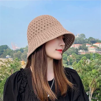 נשים קיץ דלי כובע צבע מוצק סרוגים הקשר שוליים רחבים, דייג סאן קאפ עבור נסיעות החוף 2023 קוריאני חדש לנשימה כובעים